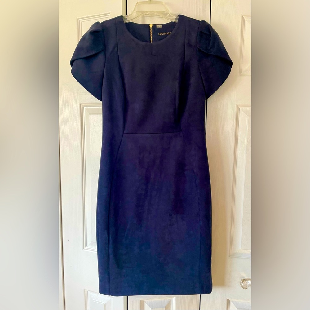 NWT gorgeous Calvin Klein navy blue faux suede dress